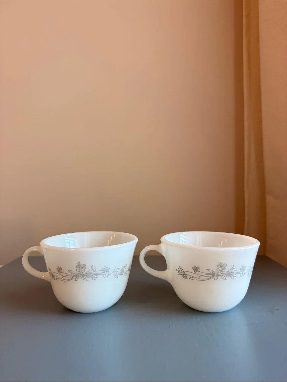 Vintage Pyrex Floral Teacups Coffee Cups White Gray Flowers Set of 2